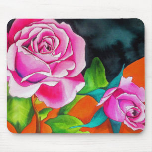 Pink Rose with orange watercolor art Mouse Pad