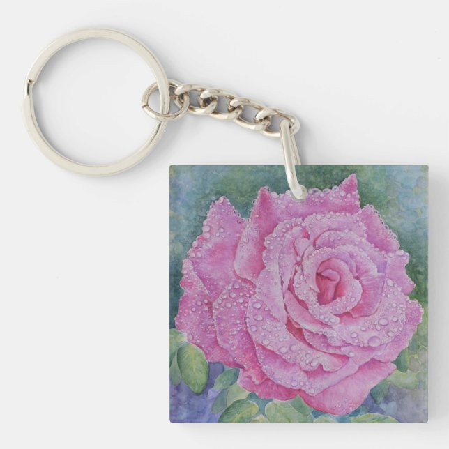 Pink Rose with Raindrops Key Ring (Front)