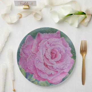 Pink Rose with Raindrops Paper Plate