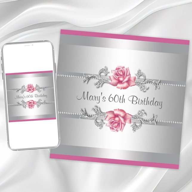 Pink Rose Womans Birthday Party Invitation (Pink rose any birthday pr event invitation. Instant download and printed invitations available.)