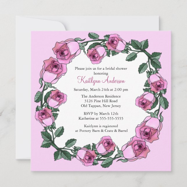 Pink Rose Wreath  Bridal Shower Invitation (Front)