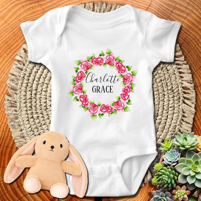 Pink Rose Wreath Personalised Name Baby Bodysuit (Creator Uploaded)