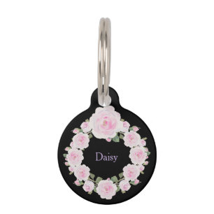 Pink Rose Wreath Round Pet Tag Email Phone Name