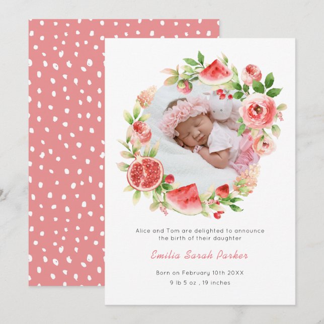 Pink Rose Wreath Watermelon | Elegant Floral Birth Announcement (Front/Back)