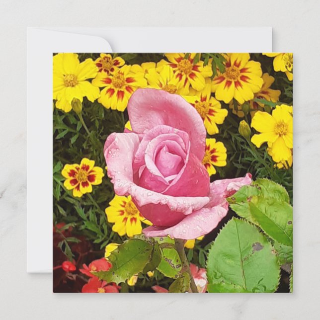 Pink Rose & Yellow Flowers Flat Card (Front)