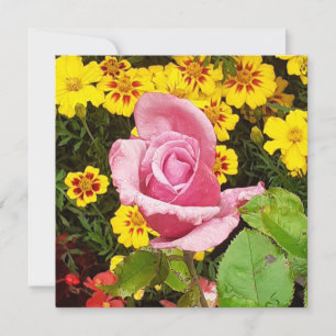 Pink Rose & Yellow Flowers Flat Card