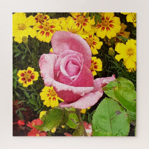 Pink Rose & Yellow Flowers Jigsaw Puzzle