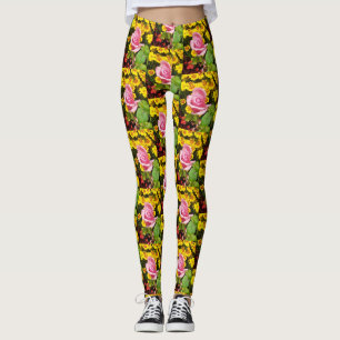 Pink Rose & Yellow Flowers Leggings