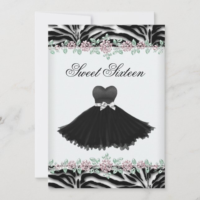 Pink Rose Zebra Sweet Sixteen Birthday Party Invitation (Front)
