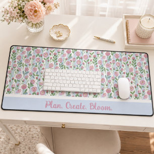 Pink Rosebud Floral Blue Stripe Quote Name Desk Mat