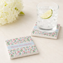 Pink Rosebud Floral Blue Stripe Quote Name