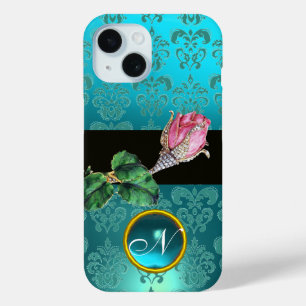 PINK ROSEBUD JEWEL, BLUE TEAL DAMASK GEM MONOGRAM iPhone 15 CASE