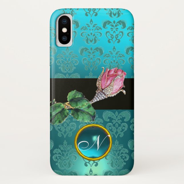 PINK ROSEBUD JEWEL, BLUE TEAL DAMASK GEM MONOGRAM Case-Mate iPhone CASE (Back)