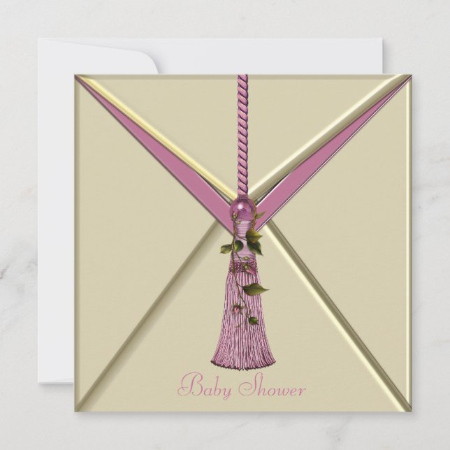 Pink Rosebud Tassel Baby Girl Shower Invitations (Front)