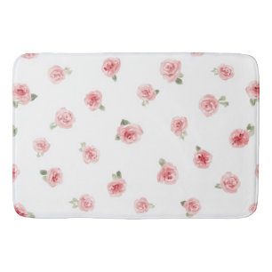 Pink Rosebud Watercolor Floral Vintage Rose White Bath Mat