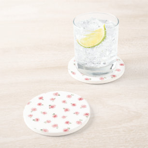 Pink Rosebud Watercolor Floral Vintage Rose White Coaster