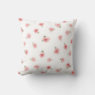Pink Rosebud Watercolor Floral Vintage Rose White Cushion