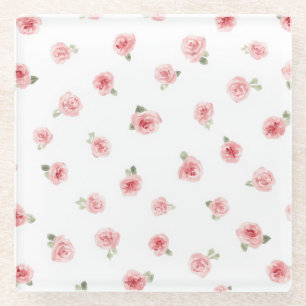 Pink Rosebud Watercolor Floral Vintage Rose White Glass Coaster