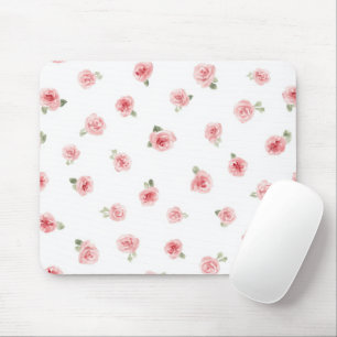 Pink Rosebud Watercolor Floral Vintage Rose White Mouse Pad