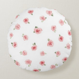 Pink Rosebud Watercolor Floral Vintage Rose White Round Cushion
