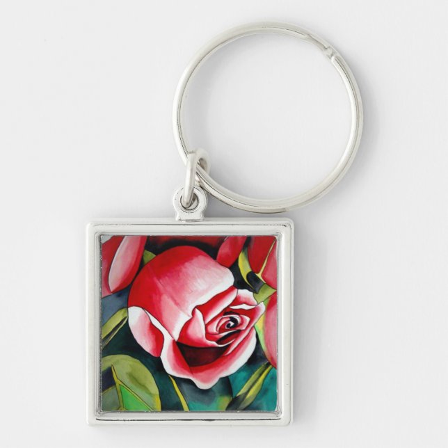 Pink Rosebud watercolor painting art flower Key Ring (Front)