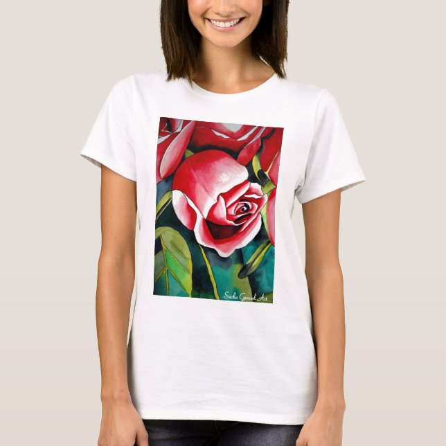 Pink Rosebud watercolor painting art flower T-Shirt (Front)