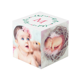 Pink Rosebud Wreath Monogram Baby Photo Cube