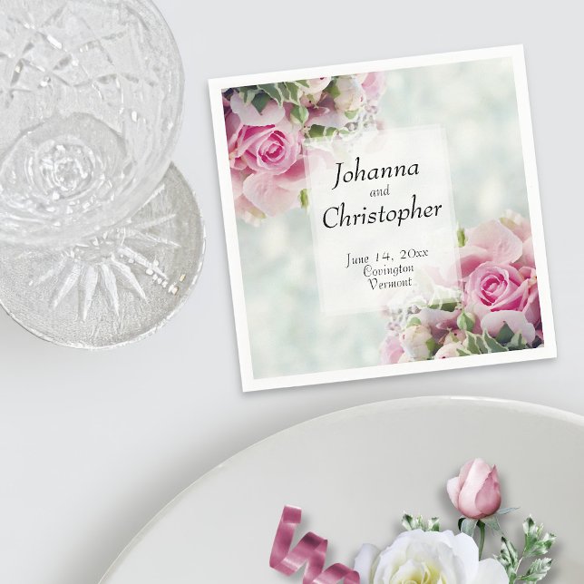 Pink Rosebuds and Peonies Elegant Wedding Napkin (In Situ with Plate)