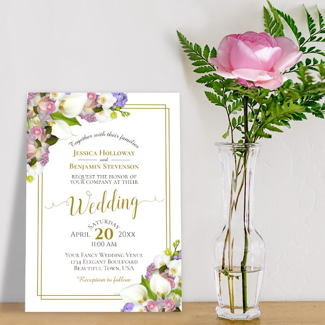 Pink Rosebuds & Calla Lilies Gold and Pink Wedding Invitation (Creator Uploaded)