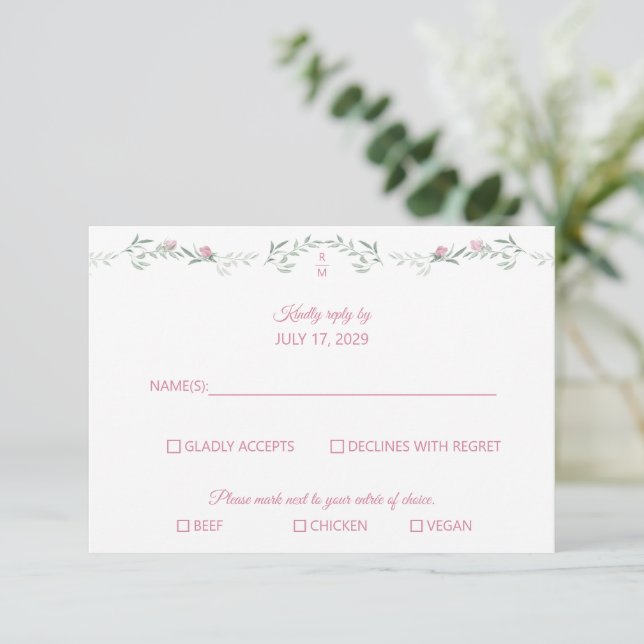Pink Rosebuds Greenery Monogram RSVP Response Card (Standing Front)