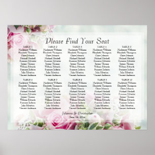 Pink Roses 10 Table Wedding Seating Chart