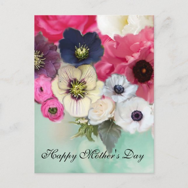 PINK ROSES AND ANEMONE FLOWERS MOTHER'S DAY POSTCARD (Front)