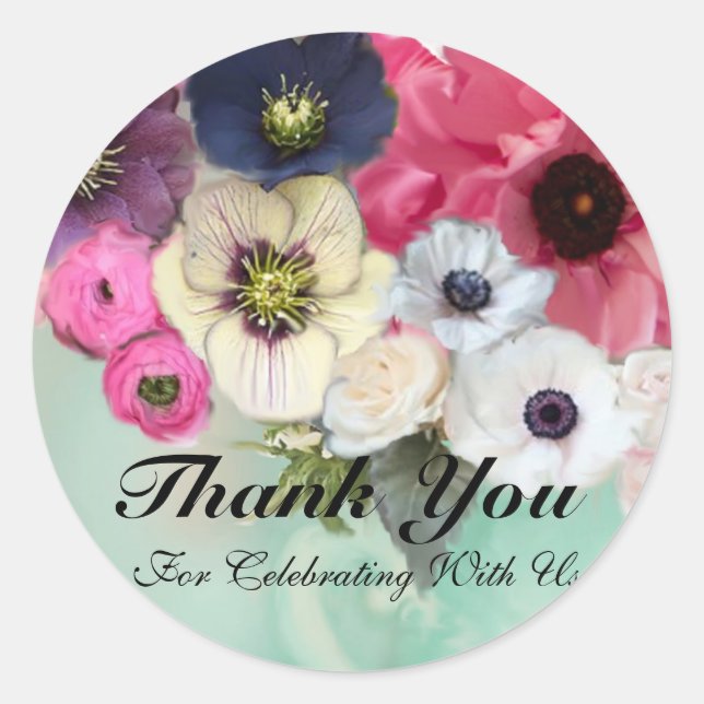 PINK ROSES AND ANEMONE FLOWERS Thank you Classic Round Sticker (Front)