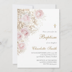 pink roses and baby's breath Baptism Invitation