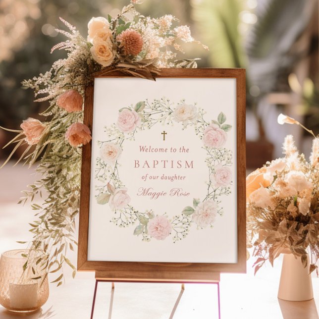 Pink Roses and Baby's Breath Baptism Welcome Poster (Creator Uploaded)