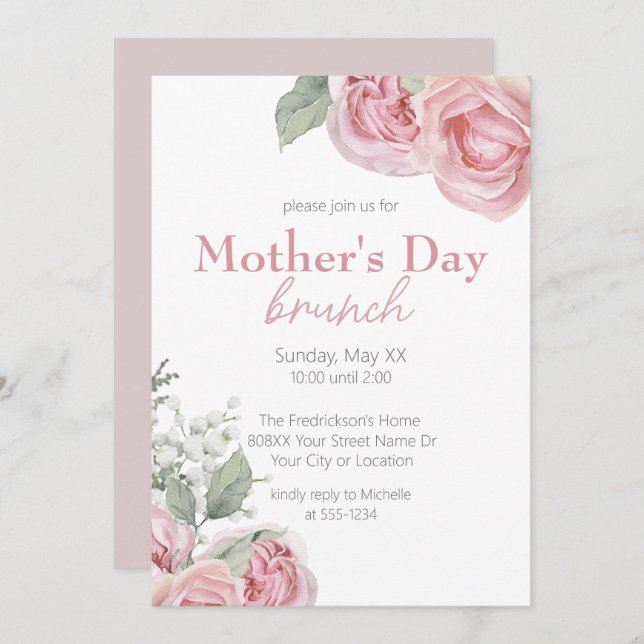 Pink Roses and Baby's Breath Mother's Day Brunch Invitation (Front/Back)