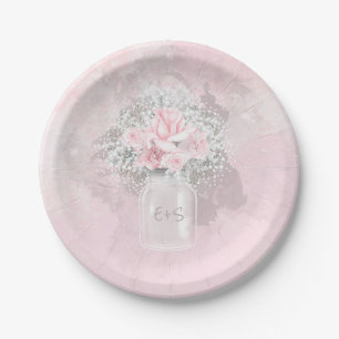 Pink Roses and Baby's Breath Wedding Paper Plate