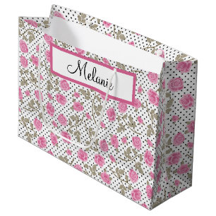 Pink Roses and Black Polka Dots Large Gift Bag