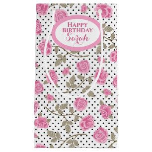 Pink Roses and Black Polka Dots Monogrammed Small Gift Bag