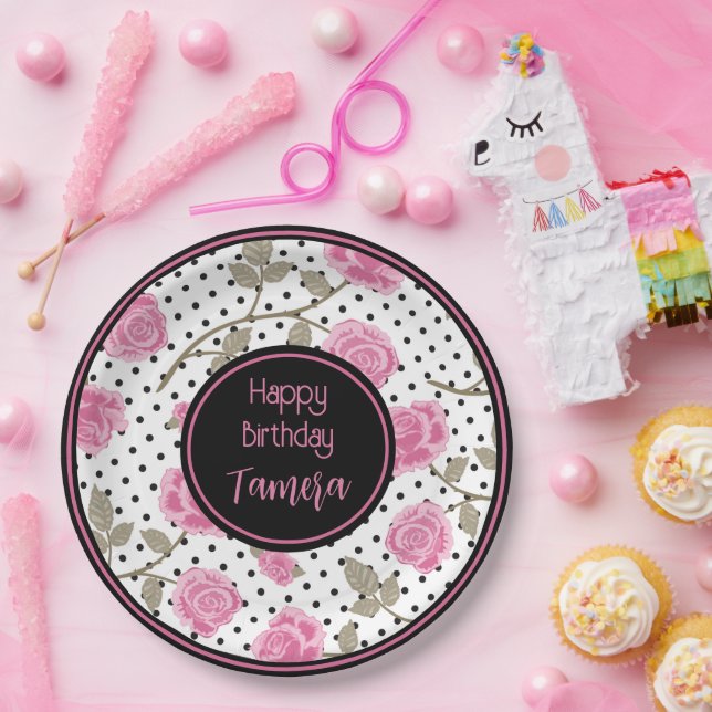Pink Roses and Black Polka Dots Personalised Paper Plate (Party)