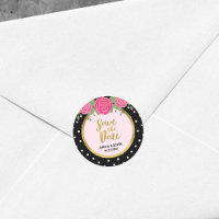 Pink Roses and Black White Polka Dot Save the Date