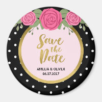 Pink Roses and Black White Polka Dot Save the Date