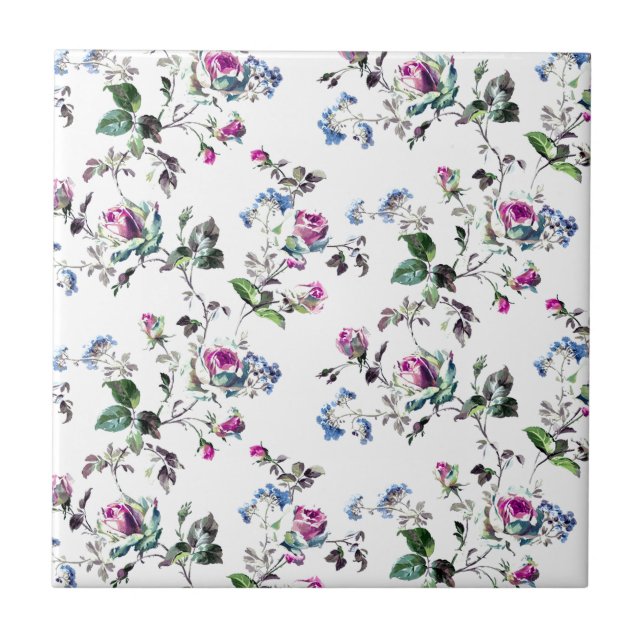 Pink Roses and Blue Flowers Floral Design Tile (Front)