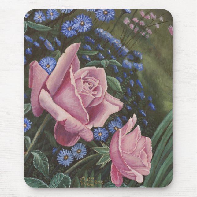 Pink Roses And Blue Flowers Mousepad (Front)