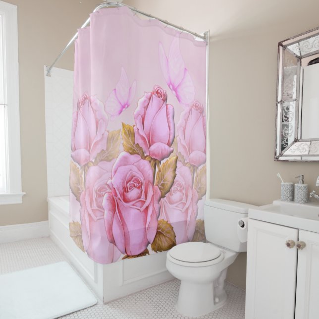 Pink Roses and Butterflies Print Shower Curtain (In Situ)