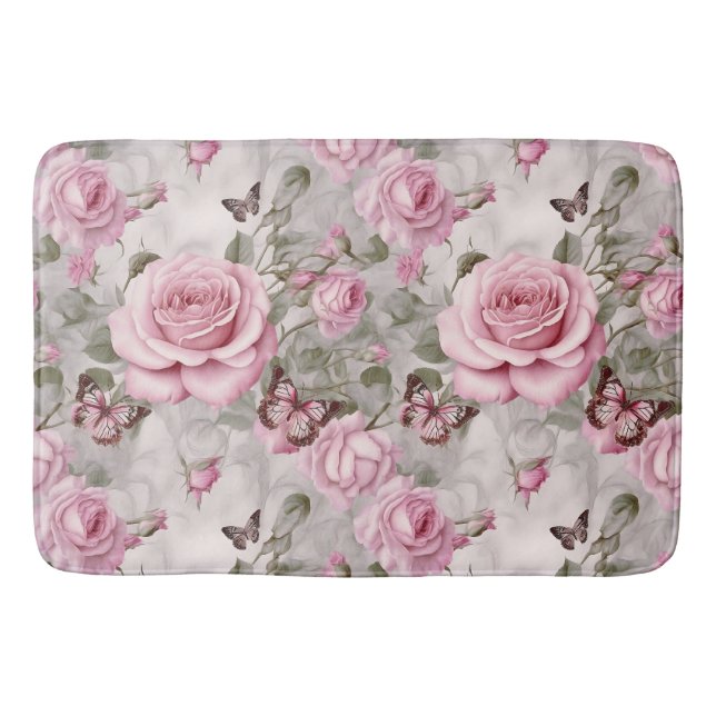 Pink Roses and Butterflies Watercolor  Bath Mat (Front)