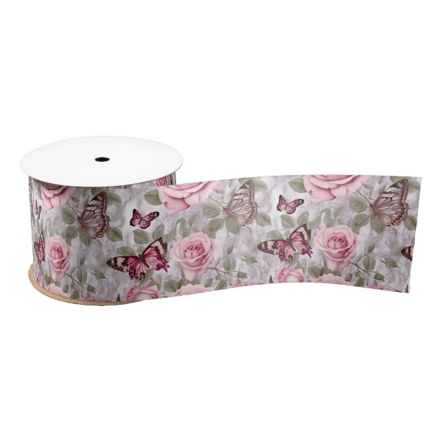 Pink Roses and Butterflies Watercolor Floral Satin Ribbon (Spool)