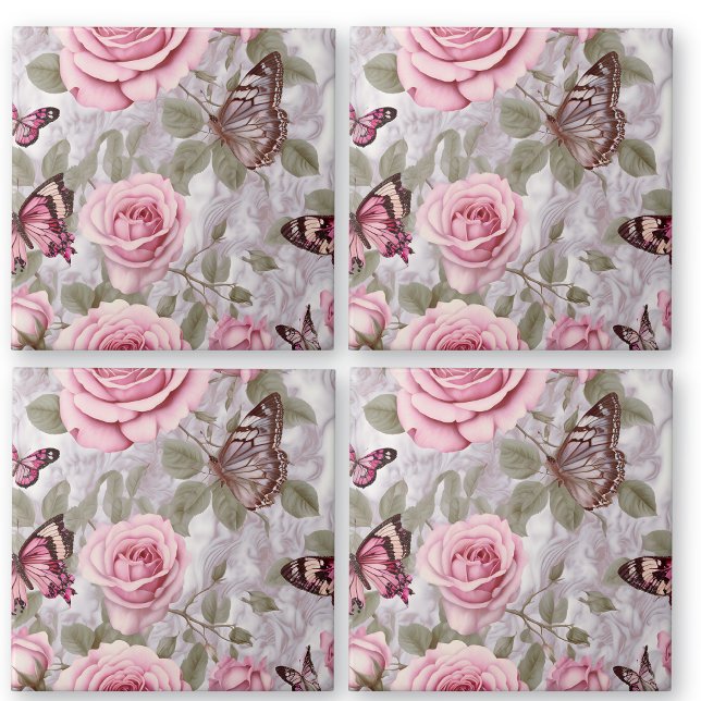 Pink Roses and Butterflies Watercolor Floral Tile (Creator Uploaded)