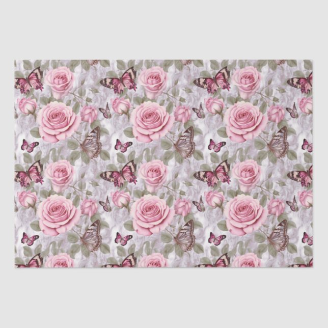 Pink Roses and Butterflies Watercolor Floral Tissue Paper (Front)
