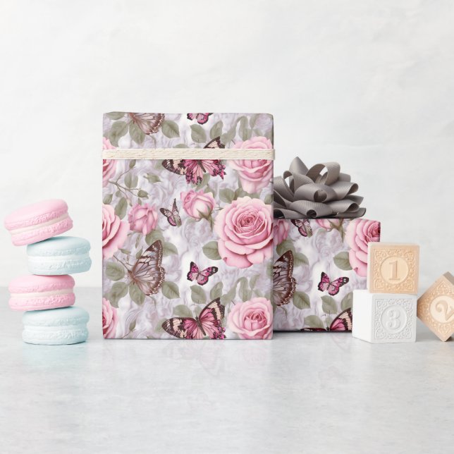 Pink Roses and Butterflies Watercolor Floral Wrapping Paper (Baby Shower)